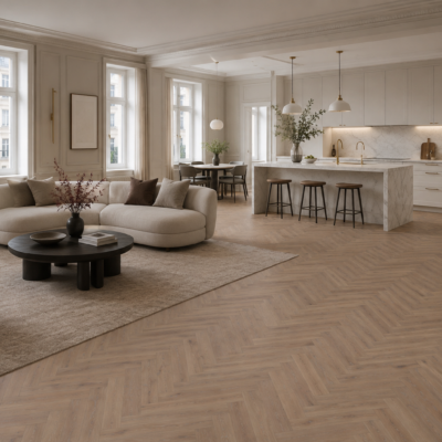 Boen Fiskeben Click Warm Grey i moderne stue med kjøkken