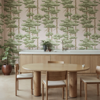 Rebel Walls Highland Pines Pink fototapet med furuskog i myke rosa toner